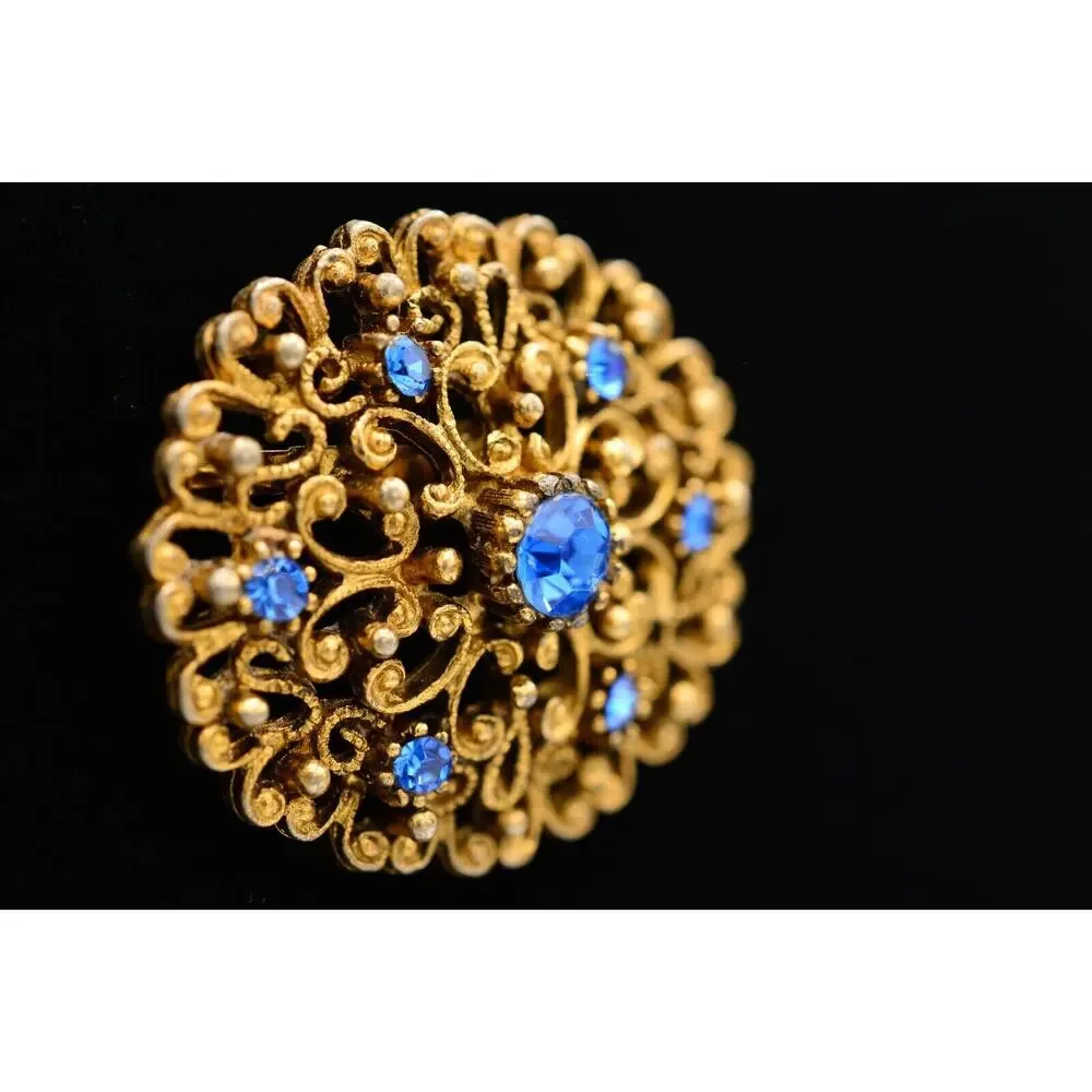 JJ Vintage Pin Brooch Blue Rhinestone Crystal Antiqued Gold Signed 1980s Bin7